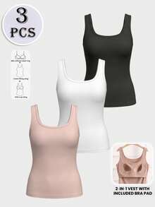 3pcs Women's Plus Size Ribbed Tank Tops, Built-In Wireless Padded Camisole, Everyday Basic Tops - Multicolor - View 5