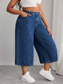 Deep Blue Straight Leg Wide Leg Cropped Plus Size Women's Jeans Solid Color Denim Washed Denim Straight Leg Wide Leg Cropped Plus Size Women's Jeans Holiday Daily All Seasons - Blue - View 4
