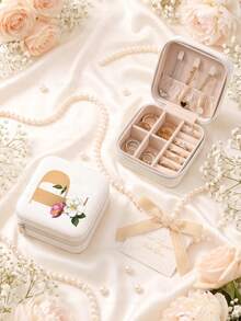 Letter PU Leather Portable Travel Jewelry Storage Box For Women, Stores Necklaces And Rings,Gift Ideas,Suitable For Home Storage And Commuting. - Flowers Letter 2 - View 82