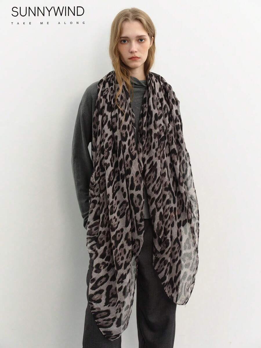 1pc Women's Leopard Print Polyester Large Size Scarf For Daily Use - Grey - View 1