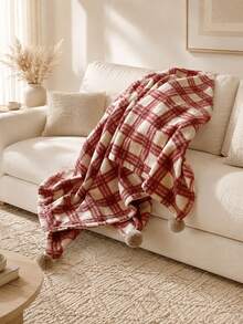 1pc Personalized Monogram Embroidered Throw Blanket, Custom‑Text Vintage Plaid Grid Household Blanket, Distinct Plaid Print With Pom‑Pom Ball Trim, Three Color Selections, Holiday Gift For Bedroom, Living Room And Household Space Display - Multicolor - View 9