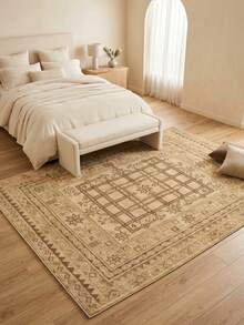1PC Beige Brown Geometric Star Grid Pattern Vintage Oriental Rug, Traditional Faux Cashmere Rectangular Area Carpet With Center Grid, Multi-Pointed Star And Diamond Border Details, Machine Washable, Suitable For Living Room/Bedroom, Warm Tone Home Decor For Autumn/Winter - Multicolor - View 2
