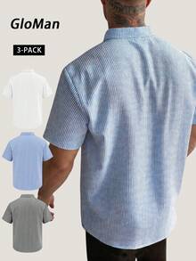 GloMan Men's Gray/White/Blue Textured Henley Collar Striped Button-Up 3 Pieces Short Sleeve Shirts, Breathable, Suitable For Vacation, Daily Wear, Golf, Street, Halloween/Christmas, Gift For Husband - Multicolor - View 2