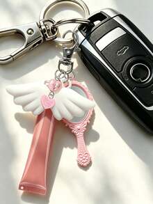 15ml Fashionable Slanted Lip Gloss Tube With Cute Pink Handheld Mirror Keychain, Angel Wing Shaped Lip Gloss Cap, Multi-Functional Fashion Bag Charm, Refillable Cosmetic Container, Squeeze Dispenser Bottle, Lip Gloss Keychain - Multicolor - View 3