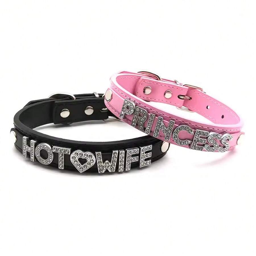 New Hot Sexy Lingerie Accessories PU Leather Letters Choker Collar Rhinestone Customized Punk Rivet Collar Chocker Jewelry Cosplay Sexy Party Gifts - Multicolor - View 1