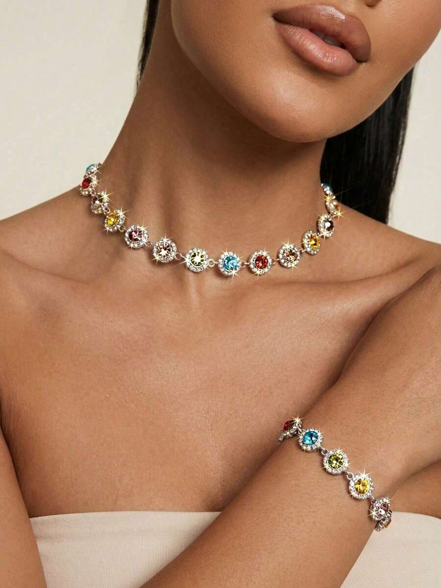 2pcs/Set Fashionable Minimalist Colorful Cubic Zirconia Crystal Necklace And Bracelet Jewelry Set, Versatile For Dates, Parties, Anniversaries, Birthdays, Valentine's Day, Ideal Gift For Women, Mothers, Mother's Day