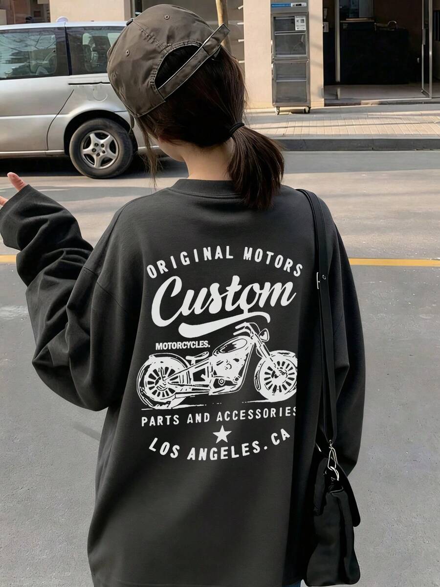 Women's Fashion Autumn/Winter Loose Casual Versatile Letter & Motorcycle Cartoon Graphic Long Sleeve T-Shirt - Dark Grey - View 1
