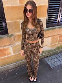 Personalized Leopard Print Button Semi-Sheer Top & Waist-Cinching Slim Fit Pants Set - Brown - View 4