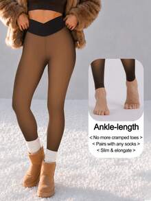 220g Women's Fleece Lined Cropped Length Skinny Leggings, Criss-Cross Waist Design, Comfortable & Fashionable, Suitable For Various Occasions, Multiple Colors Available - Bronze - View 3