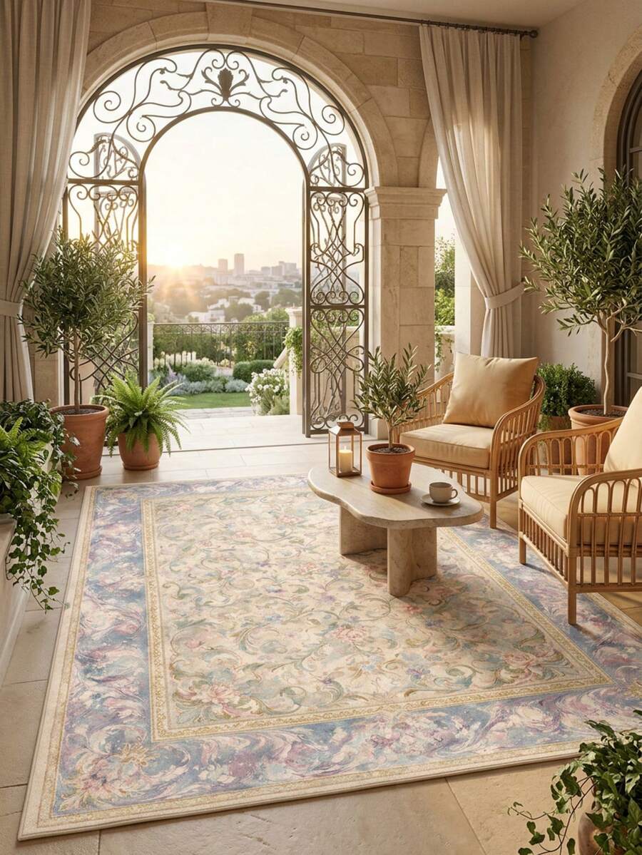 1PC Light Blue Pink Purple Scroll Rose Floral Pattern French Palace Vintage Carpet, Romantic Oil Painting Style Faux Cashmere Rectangular Full Coverage Vine Flower Leaf And Soft Gradient Border Details Machine Washable Area Rug, Suitable For Living Room Bedroom/Spring Summer Romantic Aesthetic Home Decor - Multicolor - View 1