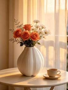 1pc White Ribbed Round Vase, Modern Minimalist Textured Ceramic Style Vase, Decorative Centerpiece For Fresh Flowers And Dried Flowers, Suitable For Tabletop, Living Room, Bedroom, Dining Room, Entryway, Wedding, Bookshelf Decoration, Aesthetic Home Decor Gift - Multicolor - View 4