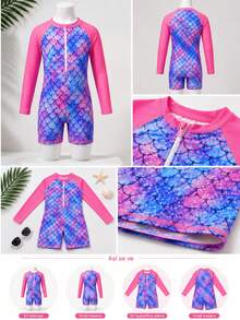 Traje de baño de una pieza rosa de moda para niñas y preadolescente con estampados en múltiples colores de escamas de tipo sirena especial para vacaciones verano playa piscinas - Multicolor - Ver 9
