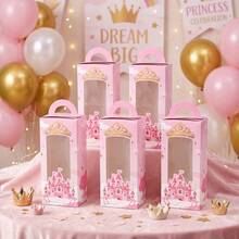Pink Princess Castle Party Favor Box With Handle And Transparent Window, Crown Gift Candy Box, Princess Birthday Party Decoration Supplies - Multicolor - View 3