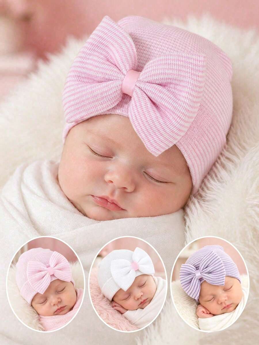 YIYIQCSJ 1pc Baby Newborn Hat Set Striped Pattern Bowknot Decor Cute Brimless Soft Hat Suitable For Baby Girls Boys 0-3 Months - Multicolor - View 1