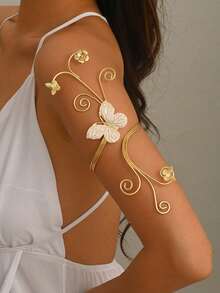 1pc Elegant Minimalist Multiple Flower & Butterfly Linked Line Wrapped Metal Arm Cuff, Women's Elegant Fashion Body Jewelry, Suitable For Street, Party, Daily Commute Matching Accessory - Gold - View 1