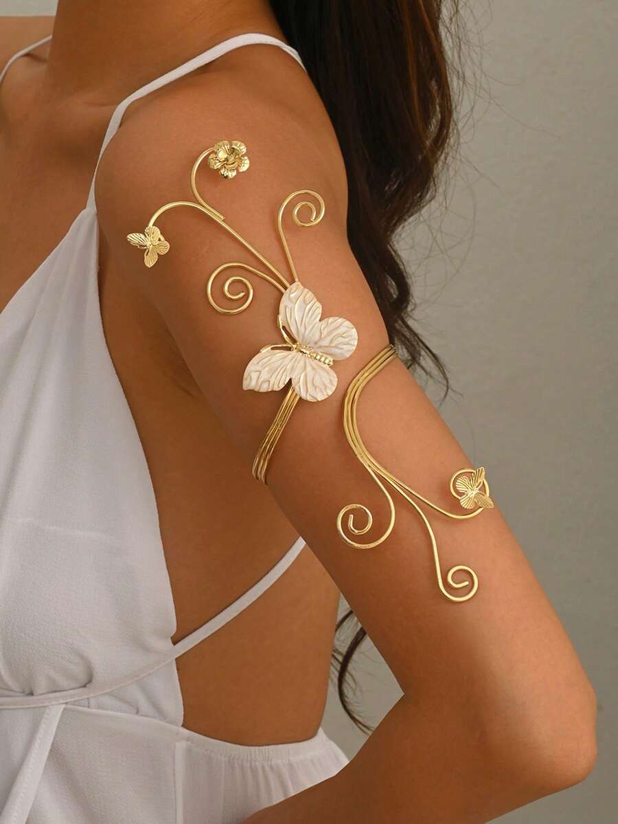1pc Elegant Minimalist Multiple Flower & Butterfly Linked Line Wrapped Metal Arm Cuff, Women's Elegant Fashion Body Jewelry, Suitable For Street, Party, Daily Commute Matching Accessory - Gold - View 1