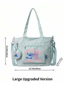 Miniso Disney Stitch & Angel Enjoy Time Together 文字印花托特包 2件組附零錢包，適合工作、旅行、購物與日常使用 - 薄荷綠 - 查看 6
