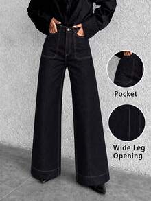 Women's Fashion Relaxed Fit Commute Dark High Waist Big Pocket Straight Leg Jeans, Loose Fit Workplace Afternoon Tea Outfit, Daily Bottoms - Black - View 6
