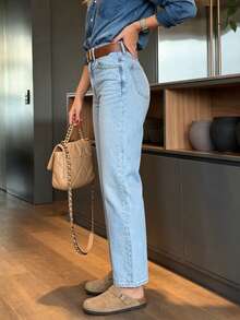 Celana Kasual Denim Biru Muda Slim Fit Minimalis Bergaya Eropa dan Amerika untuk Musim Semi/Gugur - Biru muda - View 3