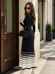 SUNSTORY Women's Autumn Casual Black And White Colorblock Striped Long Sleeve Knit Dress, Suitable For Commuting, Office, Party, Back To School Dance - Black and White - View 3