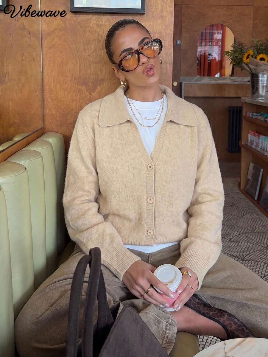 VIBEWAVE Women's Knit Cardigan With Lapel V-Neck, Single-Breasted Long Sleeve Short Open Front, Autumn/Winter - Khaki - View 1