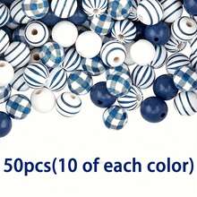 50 16mm Polished Blue Wooden Beads, Striped And Checkered Pattern, Suitable For Holiday Gifts, Home Decorations, Bracelets, Keychains, Mobile Phone Chains, And Other Crafts. - Blue - View 6