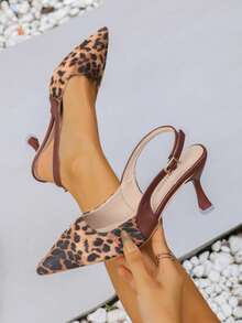 Women's Leopard Print Patchwork High Heels, Pointed Toe Stiletto Heel With Buckle Strap, Elegant Evening Sandals, Suitable For Date, Party, Wedding - Leopard Print - View 2