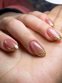 10 Pieces Of Handmade Press On Nails,Fake Nails,Almond Nails,Short Nails,Press On Nails Acrylic,Fall Nails,Pink Cat‑Eye Base With Textured Gold Line French Tip,Reusable Press On Nails For Wedding Dating Daily Party,With Manicure Gift For Women Girls - Watermelon Pink - View 2
