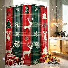 1pc Christmas Print Shower Curtain, Abstract Vintage Polyester Fabric Shower Curtain With 12 Hooks, Suitable For Bathroom Or Bathtub Decoration - Multicolor - View 4