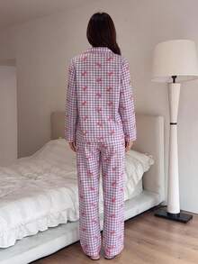 2pcs/Set Women's Pajamas Loungewear Set, Plaid Bow Print Long Sleeve Lapel Top And Pants, Autumn/Winter - Purple - View 2