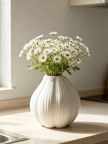 1pc White Ribbed Round Vase, Modern Minimalist Textured Ceramic Style Vase, Decorative Centerpiece For Fresh Flowers And Dried Flowers, Suitable For Tabletop, Living Room, Bedroom, Dining Room, Entryway, Wedding, Bookshelf Decoration, Aesthetic Home Decor Gift - Multicolor - View 10