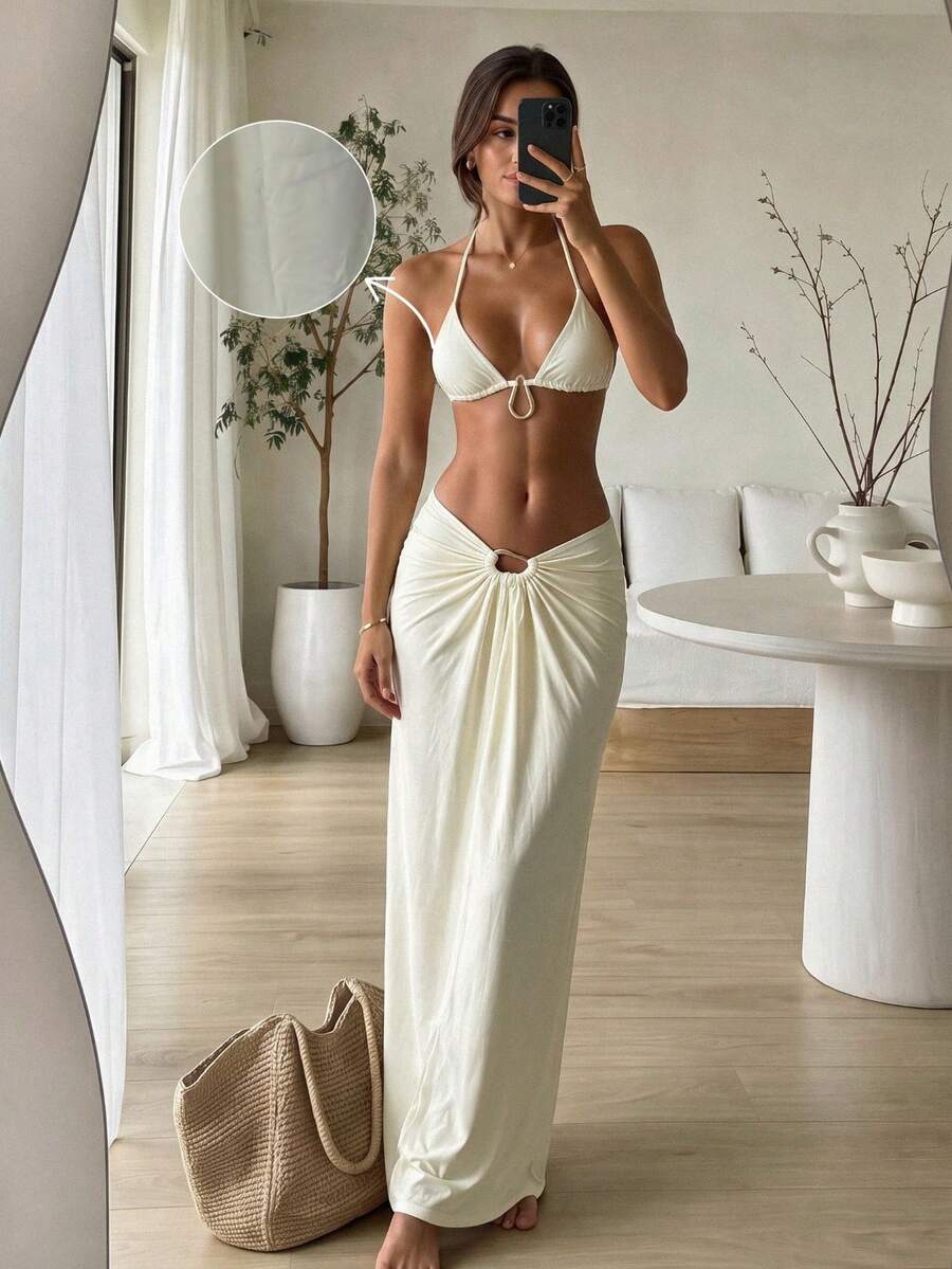 HOTTIE HABIT Set Bikini 3 Potong Wanita Warna Putih Polos Model Halter Segitiga, Rok Penutup Berpotongan Tinggi dengan Detail Kerut, Cocok untuk Liburan Musim Panas di Pantai dan Kolam Renang. - Putih - View 1