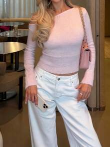FOR BEAUTY Fall Winter Y2K Elegant Casual Soft Pink Asymmetric Neck Off Shoulder Fluffy Knit Sweater Tops Women Going Out Party Outfits - Pink - View 1