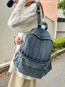 1pc Vintage Men's Backpack, Fashion Solid Color, Adjustable Shoulder Straps, Zipper Closure, Astronaut Pendant, Casual Retro Daily Commute, Large Capacity, Lightweight, Washed Canvas, College Style, Peach Tree - Blue - View 4
