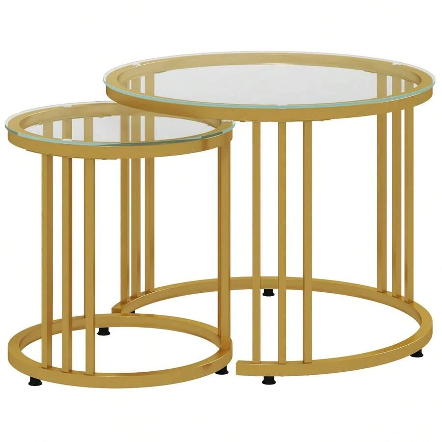 Round Coffee Tables Set Of 2, Nesting Tables With Tempered Glass Top And Steel Frame, Black On-Site - Gold + Steel - View 1