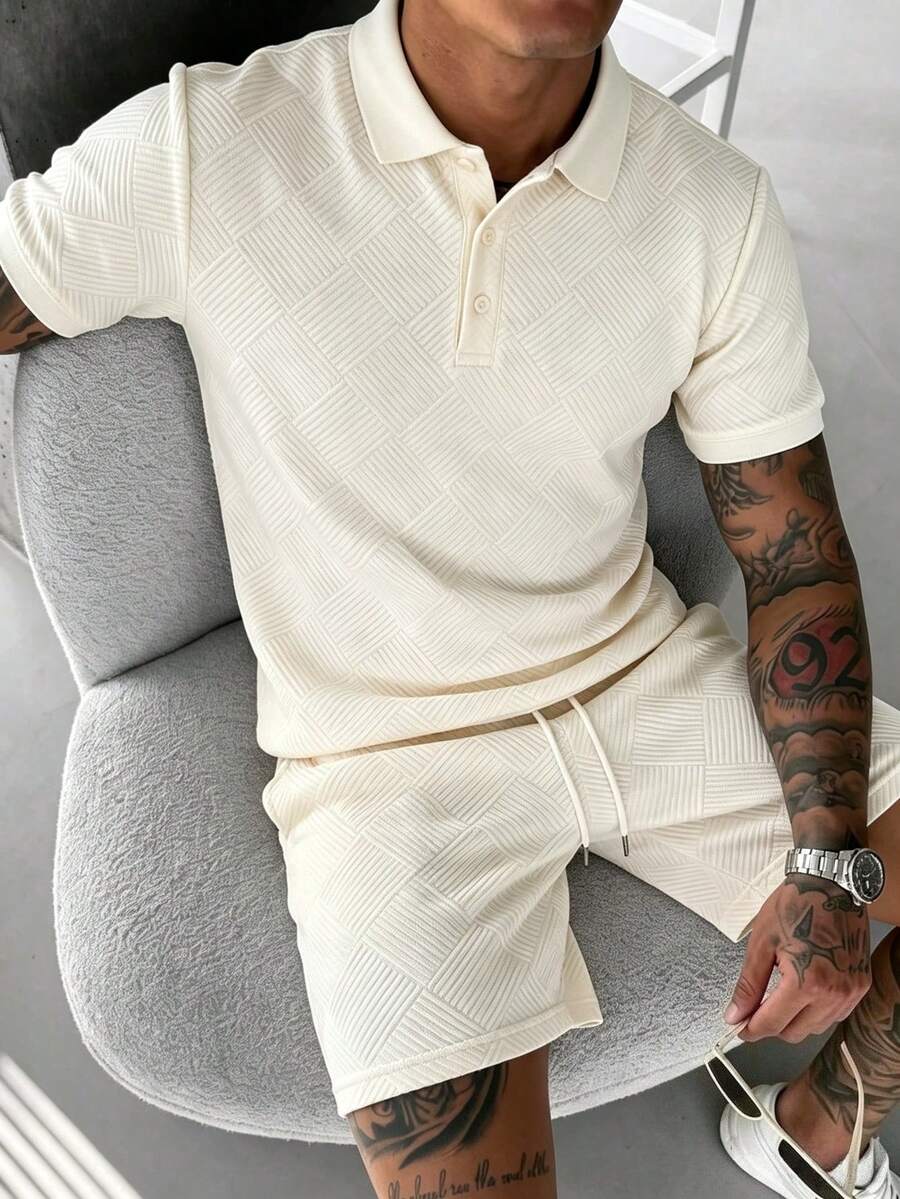 Men's Summer Classic Fashion Jacquard Polo Shirt And Jacquard Elastic Waist Shorts Set, Suitable For Commuting And Daily Wear