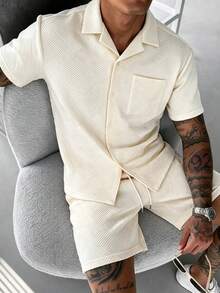 Men's Summer Classic Fashion Jacquard Drop Shoulder Loose Polo Collar Short Sleeve Top And Jacquard Elastic Waist Shorts Set, Essential Summer Wardrobe - Apricot - View 2