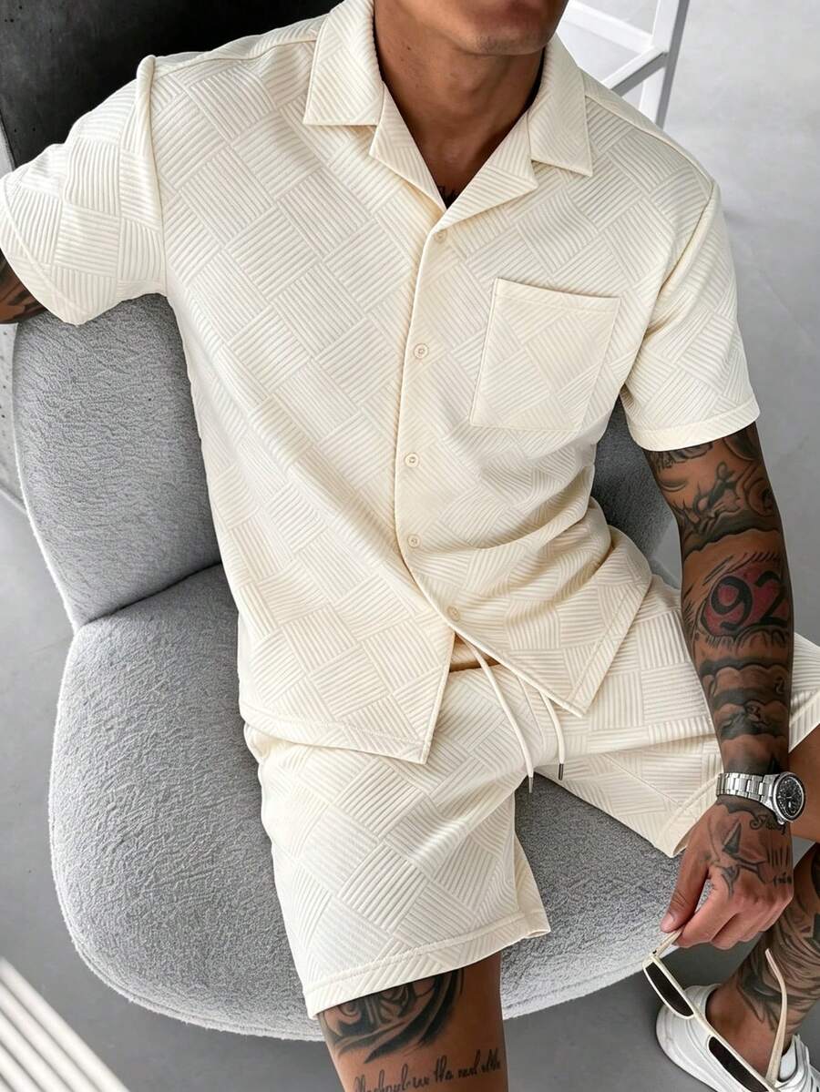 Men's Summer Classic Fashion Jacquard Drop Shoulder Loose Polo Collar Short Sleeve Top And Jacquard Elastic Waist Shorts Set, Essential Summer Wardrobe