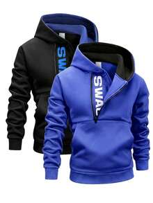 2 st diagonal dragkedja bokstavstryck huva sweatshirt, halvöppen framsida med unik diagonal dragkedjedesign, framsideficka i kängurustil, svart foder huva kant med ribbade muddar, lämplig för daglig pendling, gatustil, sport. Vår/höst herr casual pullover hoodie - Multifärgad - Visa 2