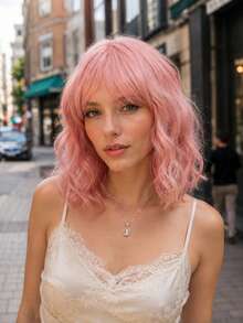 10, 12, And 14-Inch Pink Wavy Wigs With Bangs Perfect For Halloween Costumes Made Of Heat-Resistant Fiber Suitable For Women. - Multicolor - View 13