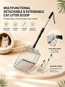 1pc Stainless Steel Mesh Cat Litter Scoop With Extendable Detachable Handle, Adjustable Length Kitty Litter Shovel, Easy Clean Pet Waste Removal Tool For Indoor Cats - Multicolor - View 3