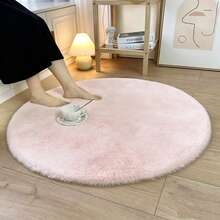 Karpet Dekorasi Rumah Bulat Berbahan Bulu Kelinci Imitasi Warna Krem Polos, Karpet Mewah Lembut dan Hangat untuk Ruang Tamu, Kamar Tidur, Samping Tempat Tidur, Ruang Belajar, dan Area Lainnya - Baby Pink - View 2