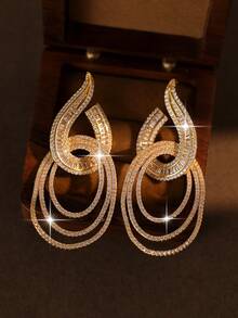 1 Pair Charming Curved Baguette & Multi-Layer Oval Ring Cubic Zirconia Bridal Long Drop Earrings, Suitable For Wedding Ceremony, Banquet, Ball And Gift Giving - Gold - View 5