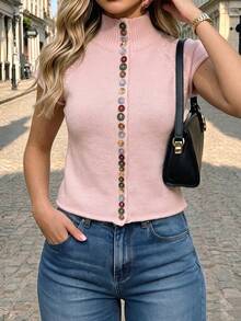 Just Masa Women's Fall Casual Front Button High Neck Sweater Pullover,Short Sleeve Slim Fit Solid Color Basic Knit Top,For Vacation,Travel,Daily Wear - Pink - View 9