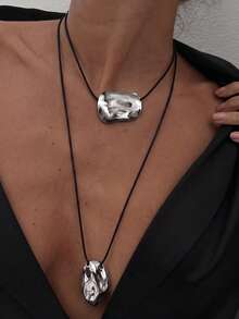 2pcs/Set Volcanic Stone Pendant Double Layer Necklace, Abstract Asymmetric Chunky Chain Necklace, Niche Layered Style Jewelry, Suitable For Daily Wear, Party, Date - Silver - View 6