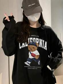 Women's Fashion Autumn/Winter Loose Minimalist Versatile Cartoon Bear Print Long Sleeve T-Shirt - Black - View 3
