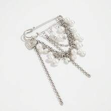 1pc Fashionable Faux Pearl Heart Pendant Pants Chain, Minimalist Tassel Chain Shortened Pants Chain, Sweet Cool Style Faux Pearl Chain Brooch Pants Decoration, Niche Design Jeans Accessory - Silver - View 9