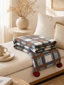 1pc Personalized Monogram Embroidered Throw Blanket, Custom‑Text Vintage Plaid Grid Household Blanket, Distinct Plaid Print With Pom‑Pom Ball Trim, Three Color Selections, Holiday Gift For Bedroom, Living Room And Household Space Display - Multicolor - View 11