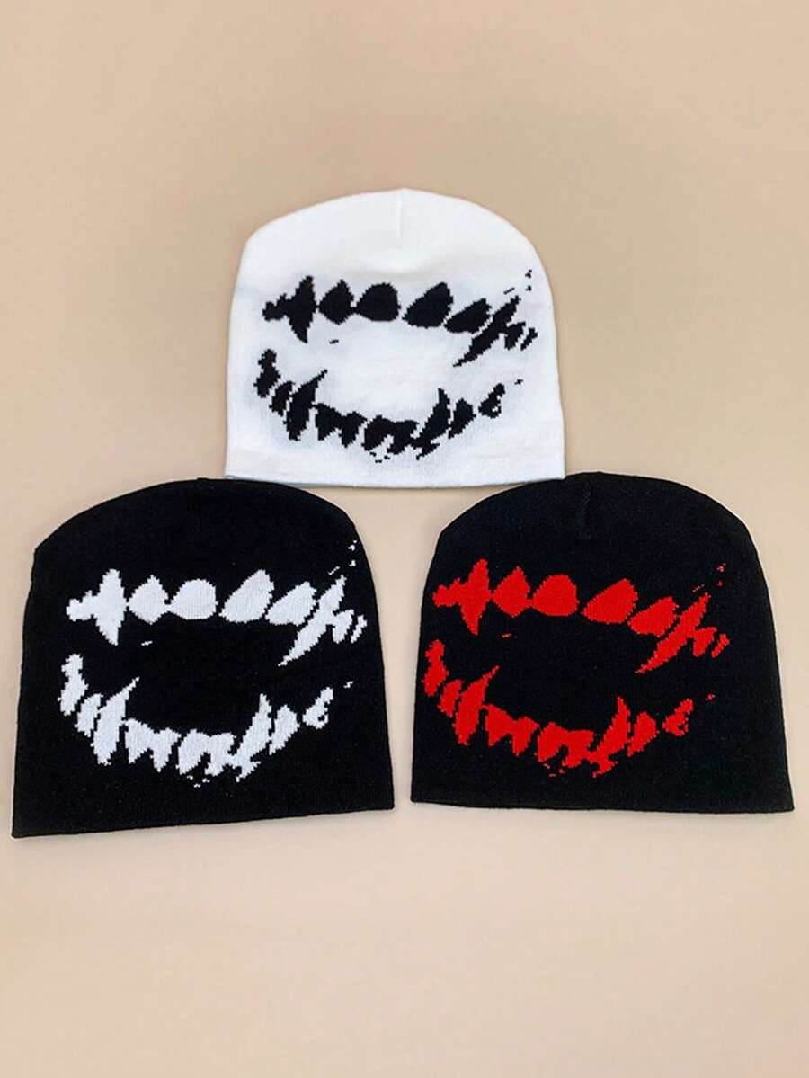 1pc Fang Print Knitted Beanie, Y2K Subculture Dark Punk Cool Street ...