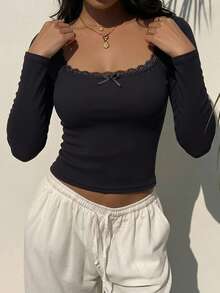 Women's Casual Striped Contrast Color Ribbed Long Sleeve Pullover Basic Top For Daily Commute - Black - View 4